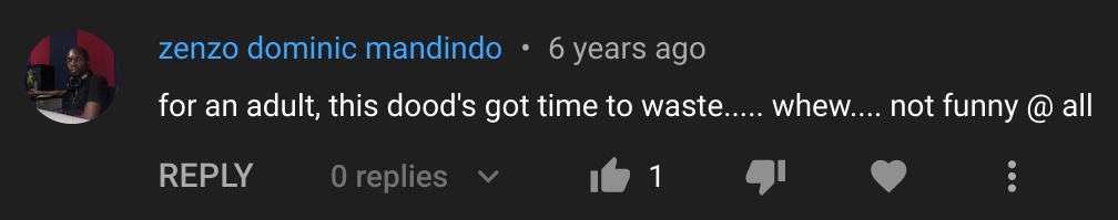 A comment on a video that reads: For an adult, this dude has got a lot of time to waste. Not funny at all.